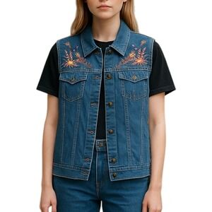 Denim Vest Floral Embroidered Sleeveless Jean Jacket Top
